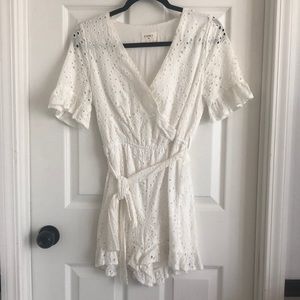 Everly, Eyelet Faux Wrap Cotton Romper in White, size medium